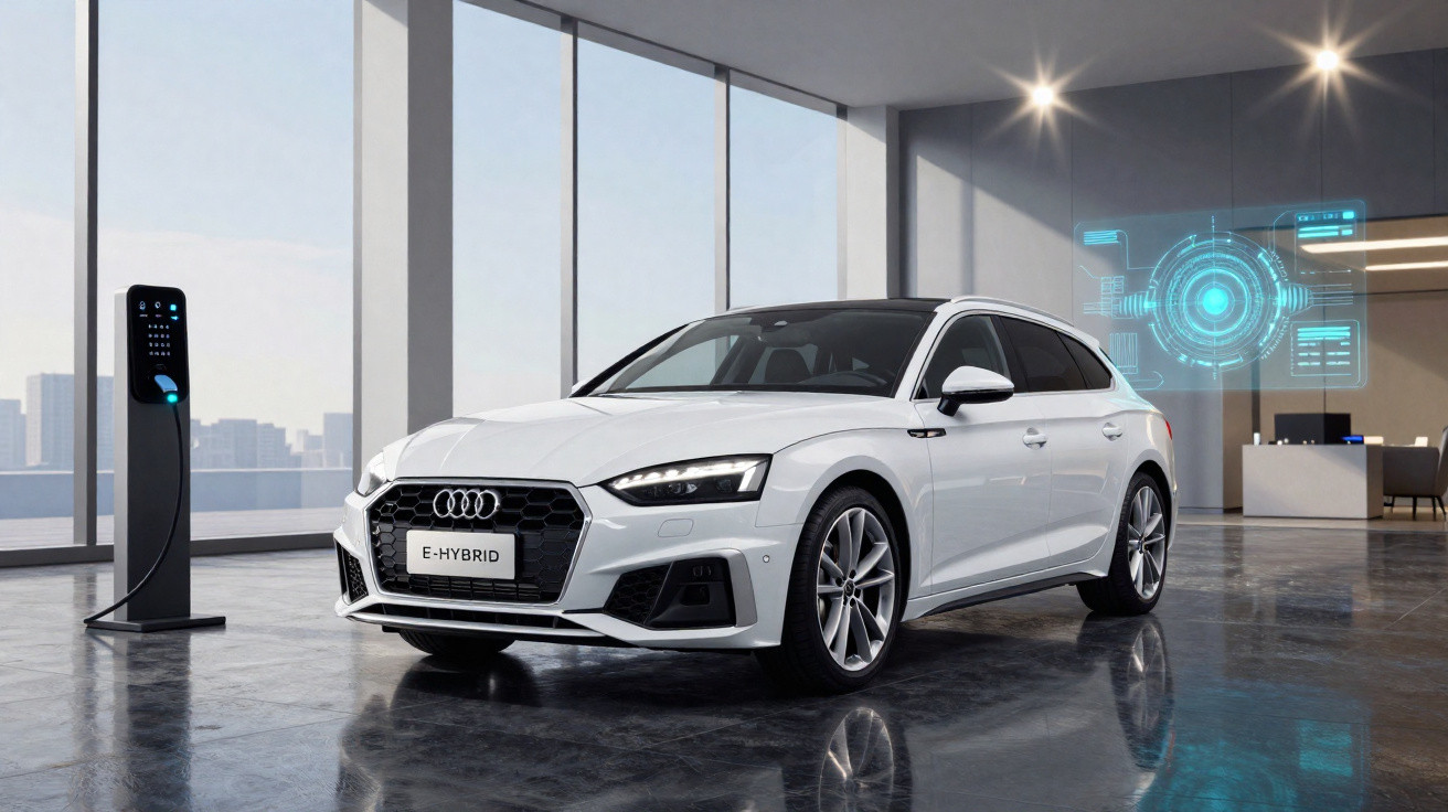 Carro Audi E-Hybrid branco estacionado em garagem moderna com carregador elétrico e holograma azul.