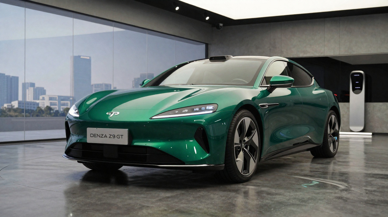 Carro elétrico verde Denza Z9 GT estacionado interiormente junto a posto de carregamento.