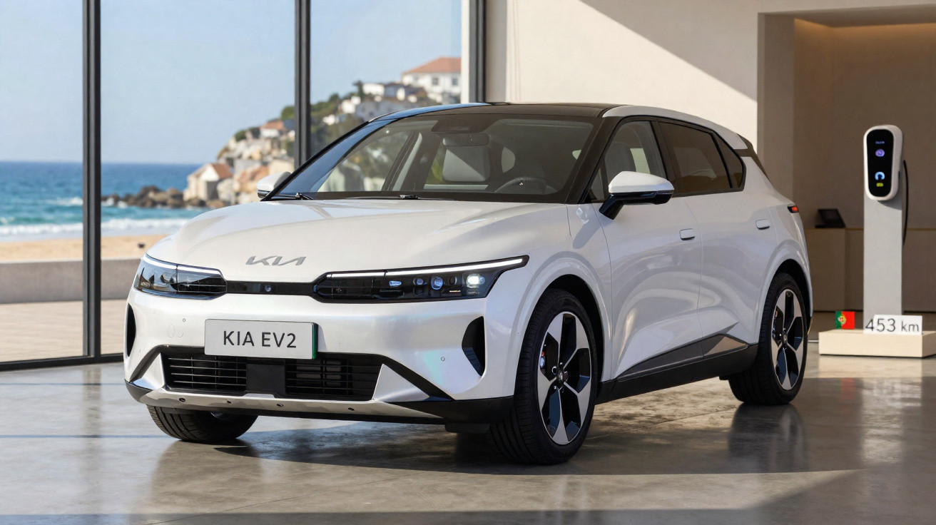 Carro elétrico branco Kia EV2 estacionado numa sala com janela para o mar e posto de carregamento elétrico.