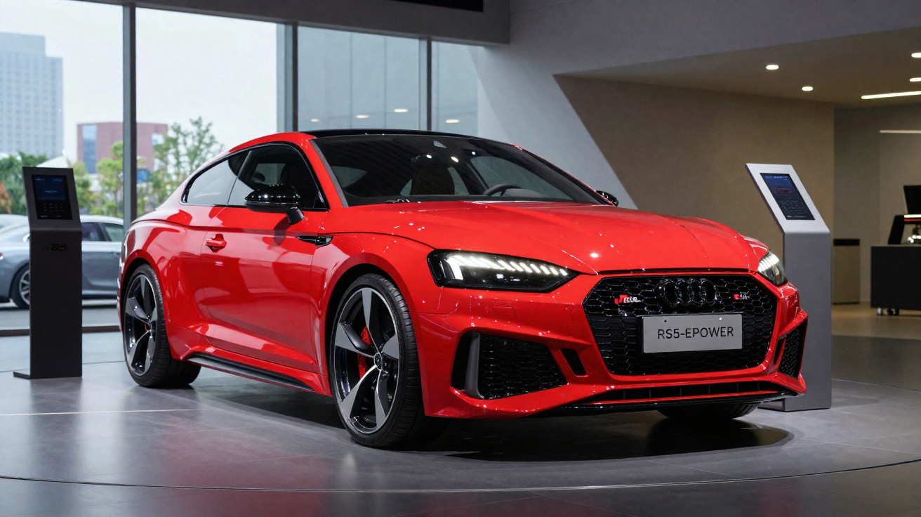 Carro desportivo Audi RS5-EPOWER vermelho exposto em sala moderna com luz natural e monitores digitais.