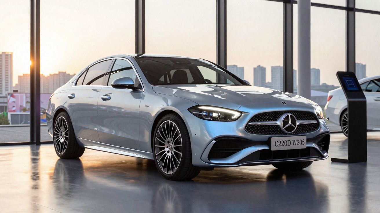 Carro Mercedes-Benz prateado estacionado dentro de um showroom com grandes janelas e luz do pôr do sol.