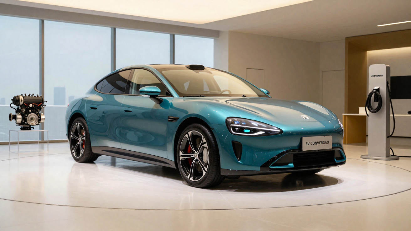 Carro elétrico azul numa sala moderna, com motor e estação de carregamento visíveis ao fundo.