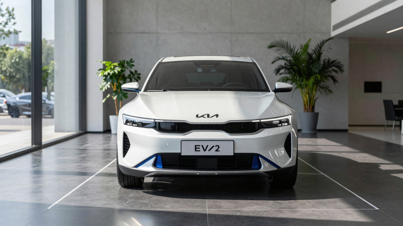 Carro elétrico branco Kia EV6 estacionado numa sala moderna com plantas e janelas grandes.