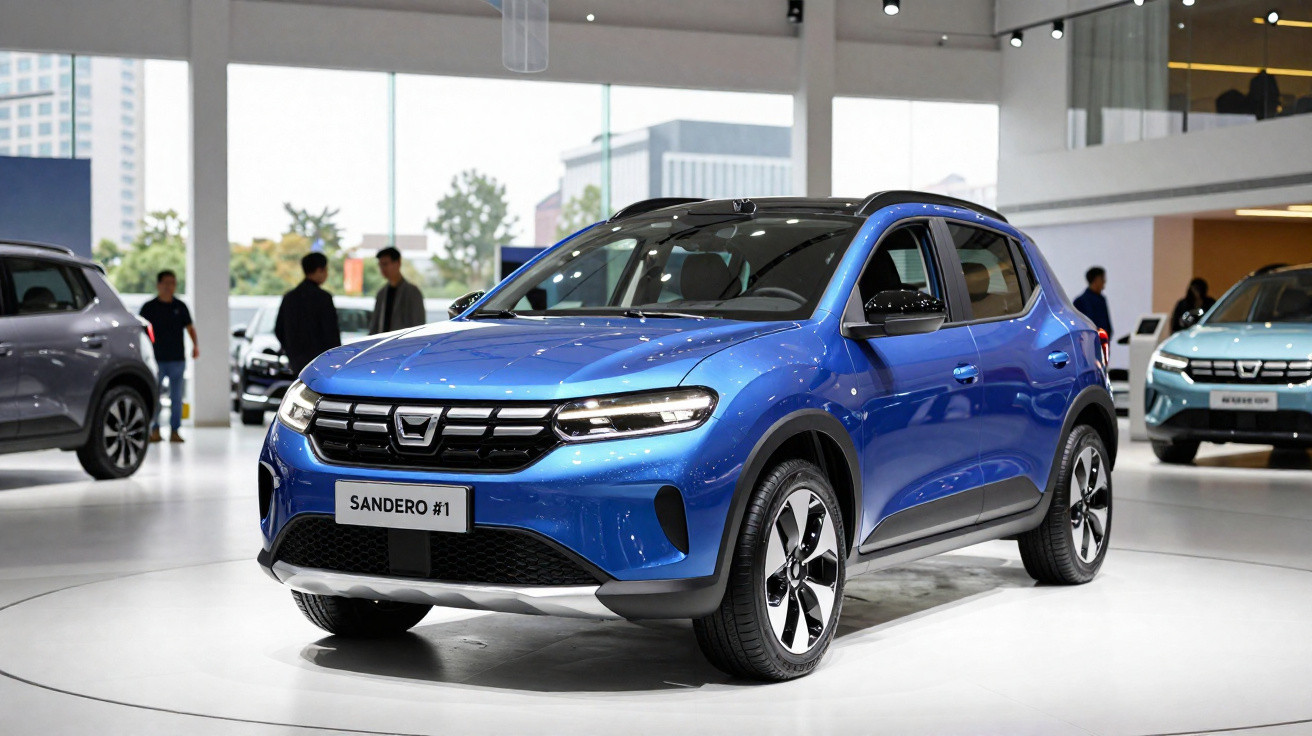 Carro Dacia Sandero #1 azul exposto em salão automóvel, com pessoas ao fundo.