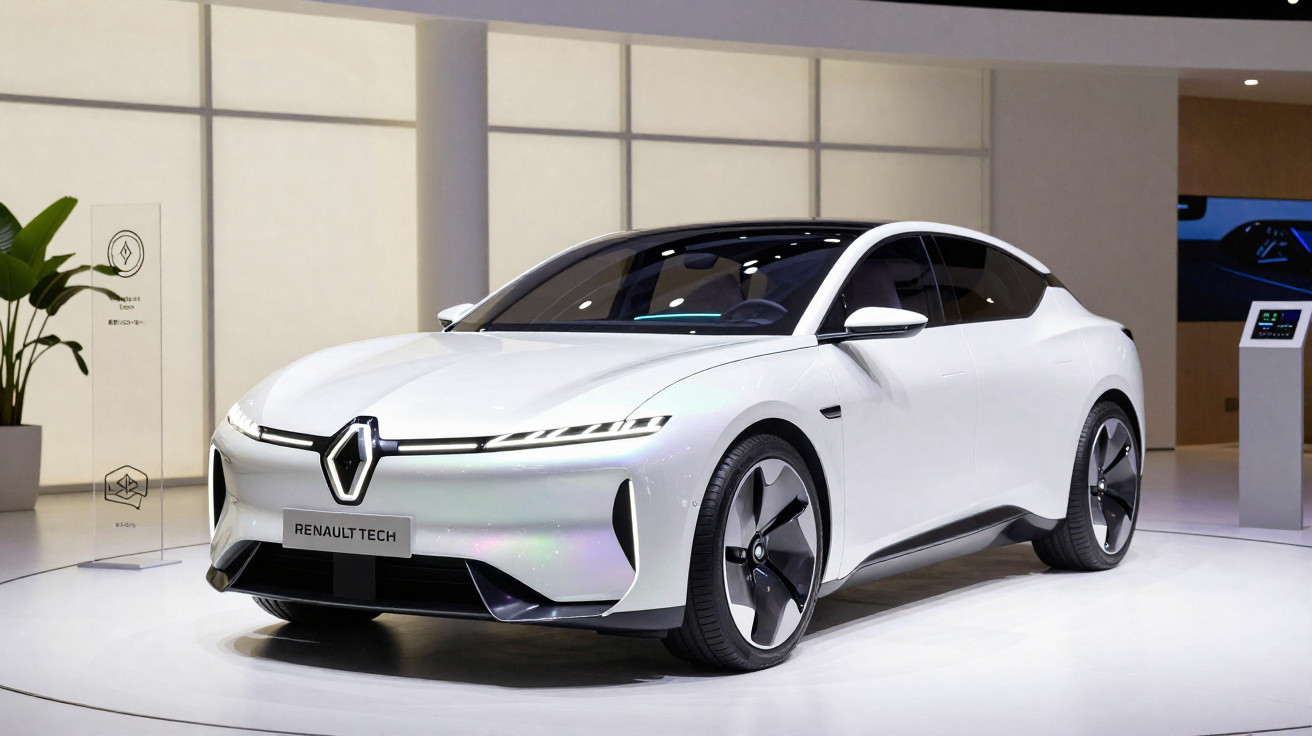 Carro elétrico Renault branco exibido em exposição moderna com design aerodinâmico e faróis finos.
