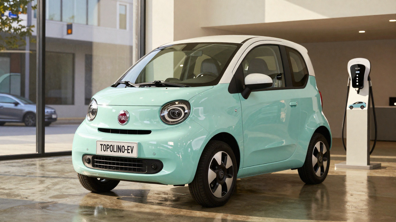 Carro elétrico compacto Fiat Topolino-EV azul claro com tejadilho branco numa garagem com estação de carregamento.