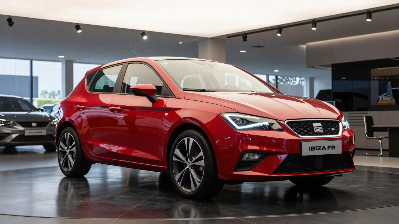 Carro Seat Ibiza FR vermelho exposto em showroom moderno com iluminação focada.