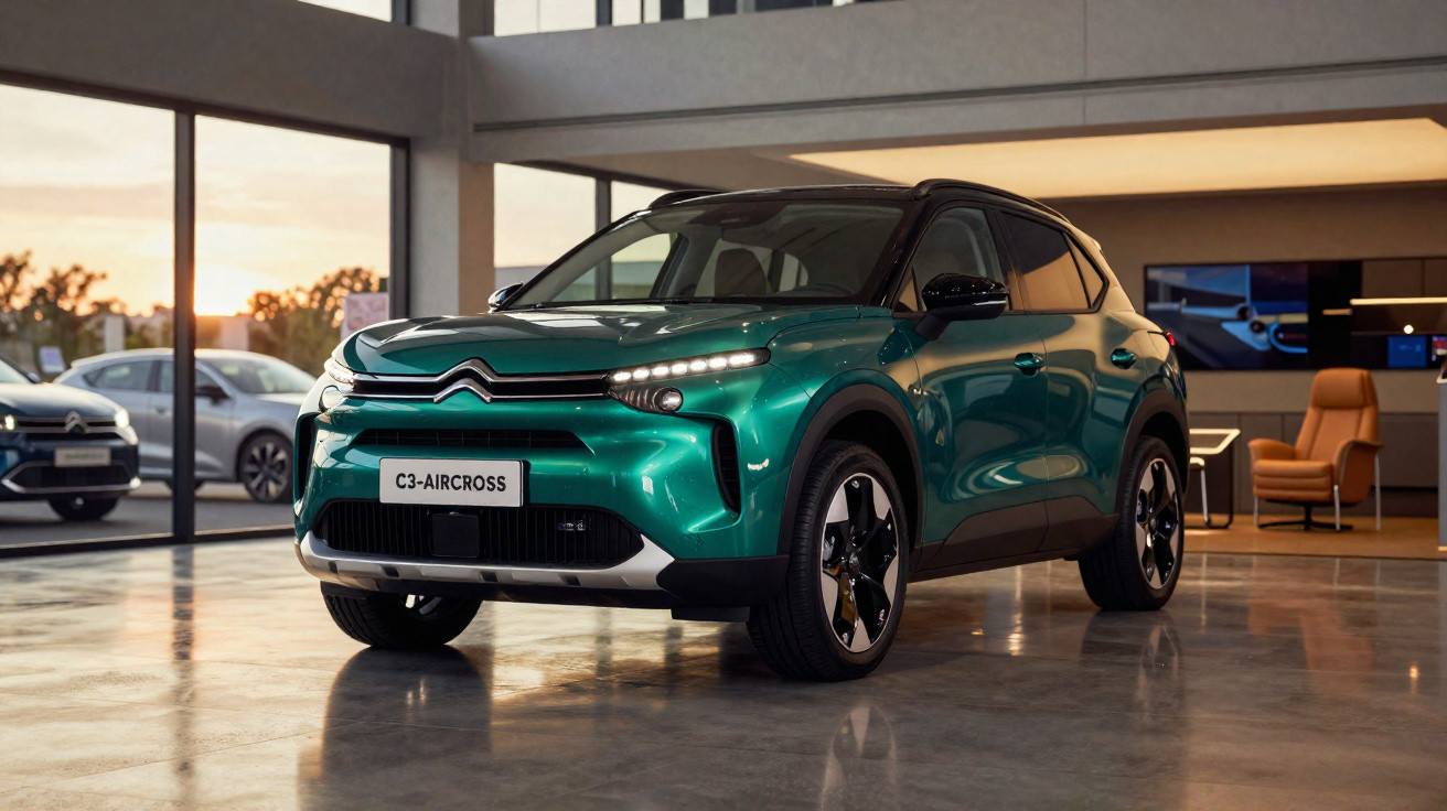 Automóvel Citroën C3 Aircross verde exposto num showroom moderno e iluminado ao fim da tarde.