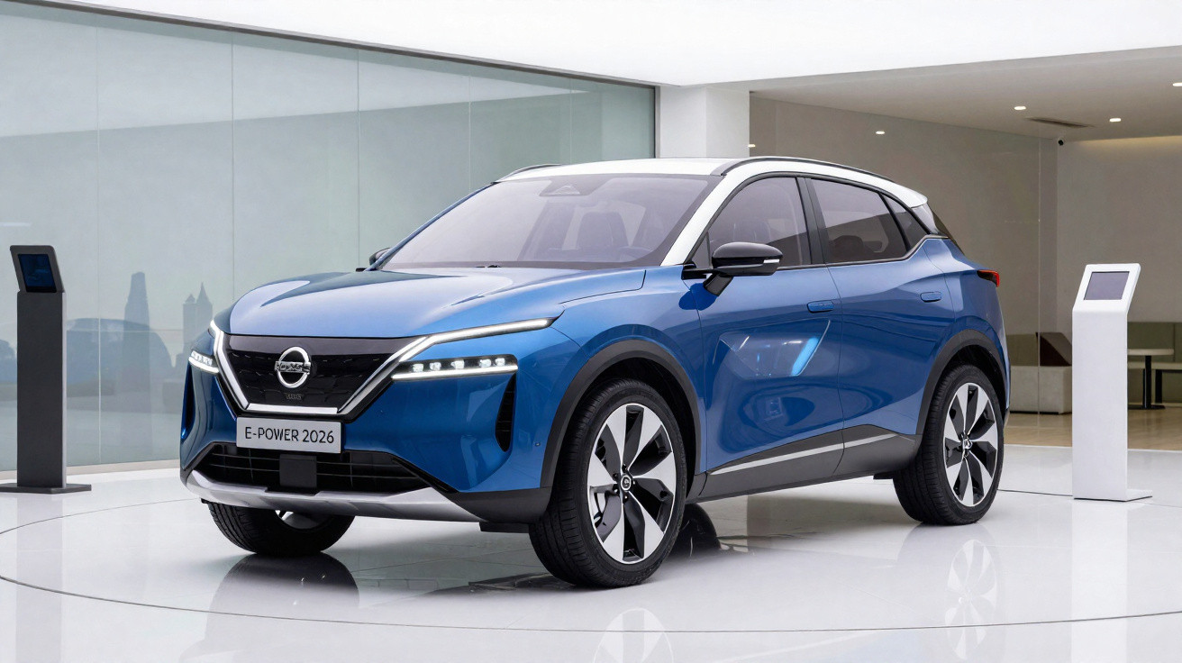 Carro elétrico azul Nissan E-Power 2026 exibido em ambiente interior moderno e luminoso.