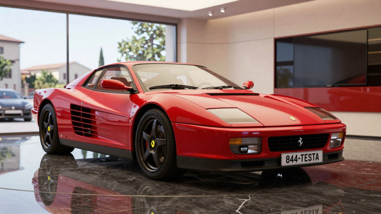 Carro desportivo Ferrari vermelho, modelo clássico, estacionado em interior moderno com chão de mármore.