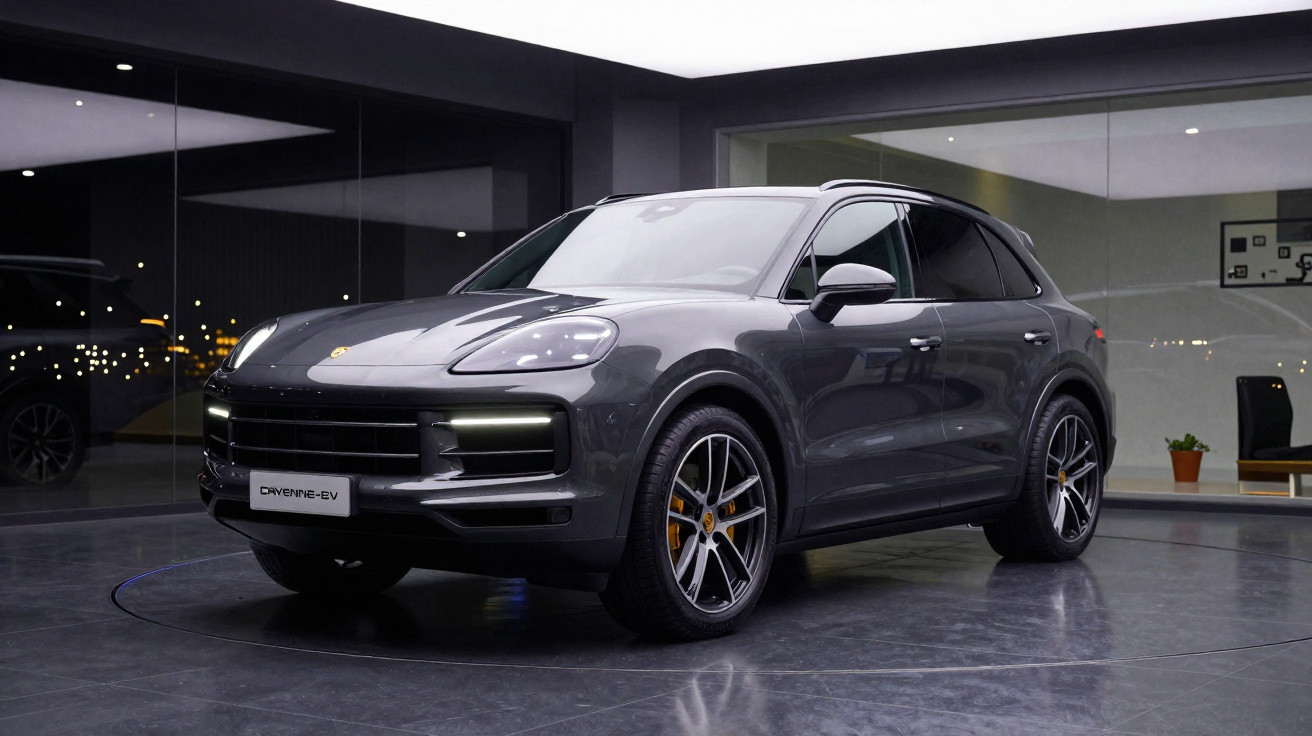Carro SUV cinzento Porsche Cayenne EV estacionado numa sala moderna iluminada.