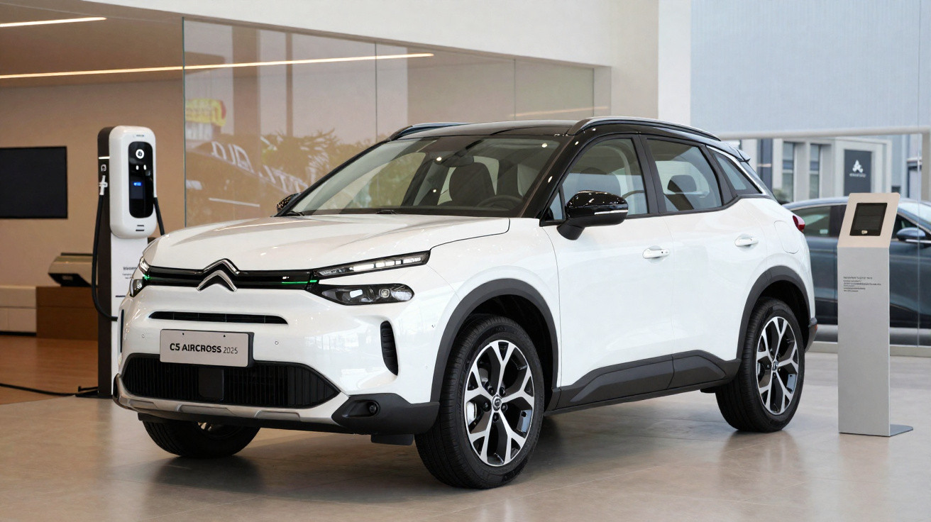 Carro elétrico Citroën C5 Aircross branco estacionado numa sala de exposição junto a posto de carregamento.