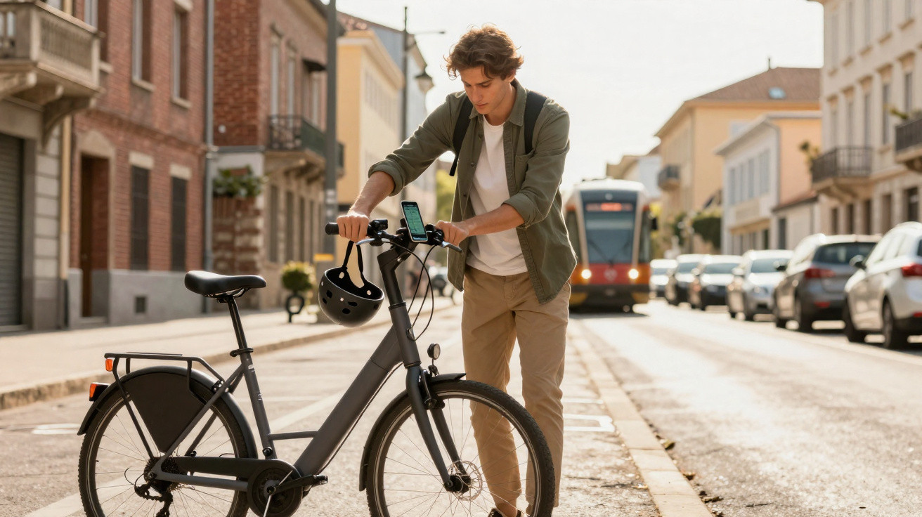 Jovem com bicicleta elétrica ajusta telemóvel numa rua urbana com autocarro e carros ao fundo.
