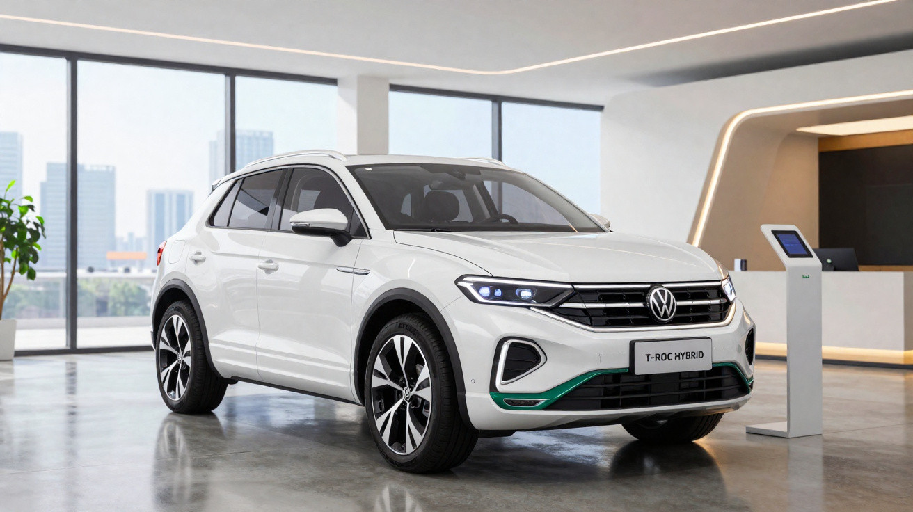 Volkswagen T-Roc Hybrid branco estacionado em showroom moderno com janelas grandes e chão refletor.
