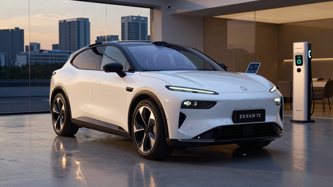 Carro elétrico branco ZEEKR 7X estacionado junto a posto de carregamento numa garagem moderna ao entardecer.