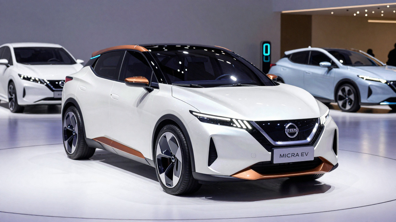Automóvel elétrico Nissan Micra EV branco com detalhes em cobre exposto em salão automóvel.