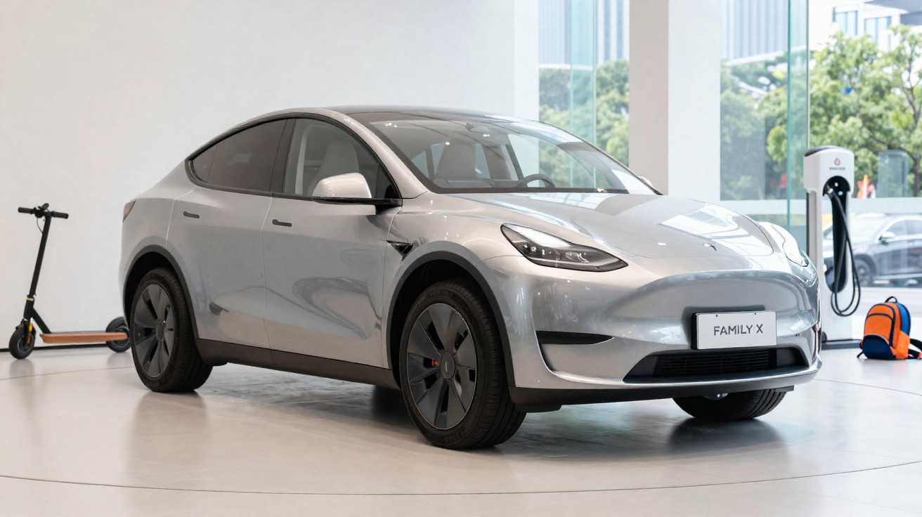 Carro elétrico cinza estacionado em ambiente interior moderno, com trotinete e estação de carregamento ao fundo.