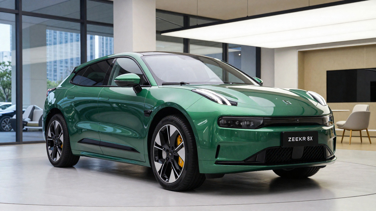 Carro elétrico verde Zeekr 8X estacionado dentro de um edifício moderno com janelas de vidro.