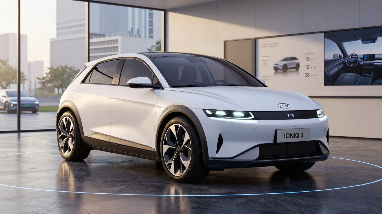Carro elétrico branco Hyundai Ioniq 3 exposto em showroom moderno com grandes janelas e luz natural.