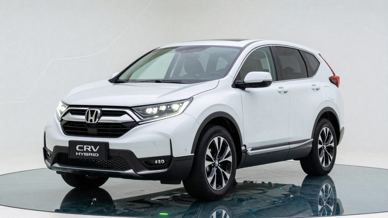SUV branco Honda CR-V híbrido estacionado em plataforma circular com fundo branco.