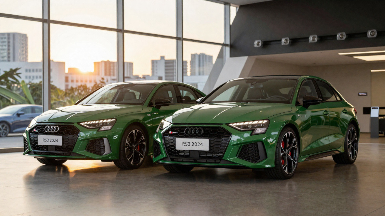 Dois carros Audi RS3 2024 verdes exibidos numa garagem com janelas grandes ao pôr do sol.