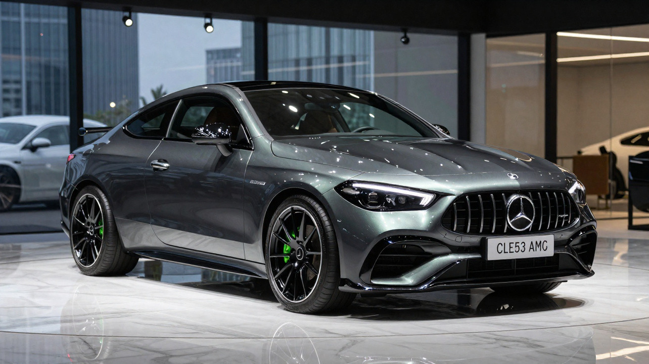 Carro desportivo Mercedes-Benz cinzento metálico estacionado em show room moderno com chão de mármore.