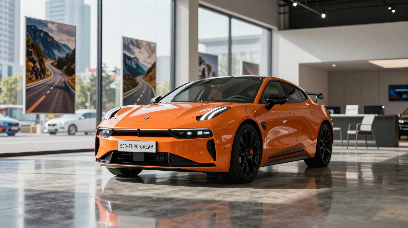 Carro desportivo elétrico laranja em exposição interior com vidros amplos e rodas pretas.
