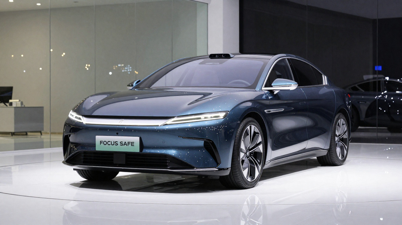 Carro elétrico azul escuro Focus Safe exibido em salão moderno com piso e paredes brancas.