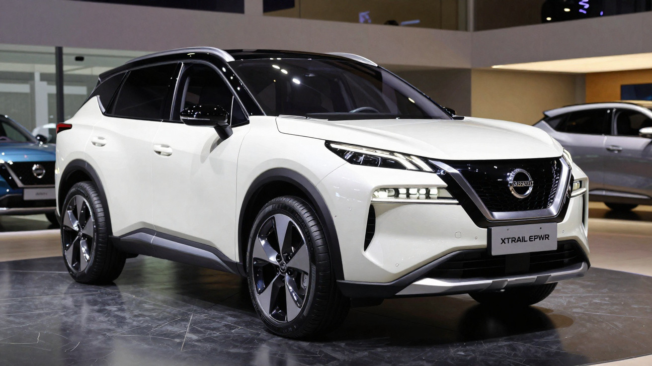 SUV branco Nissan X-Trail epower estacionado em exposição automóvel interior.
