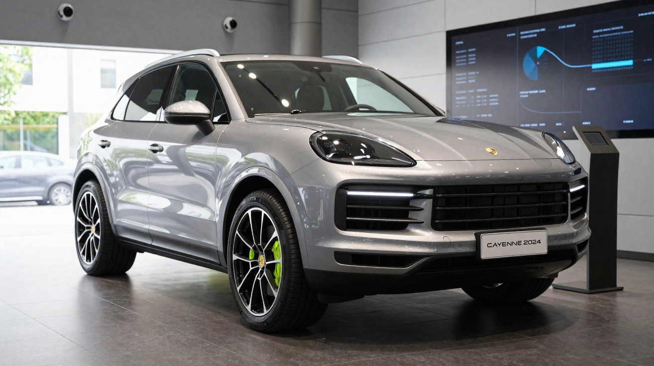 Carro SUV Porsche Cayenne 2024 cinzento exibido num showroom moderno com painéis digitais ao fundo.