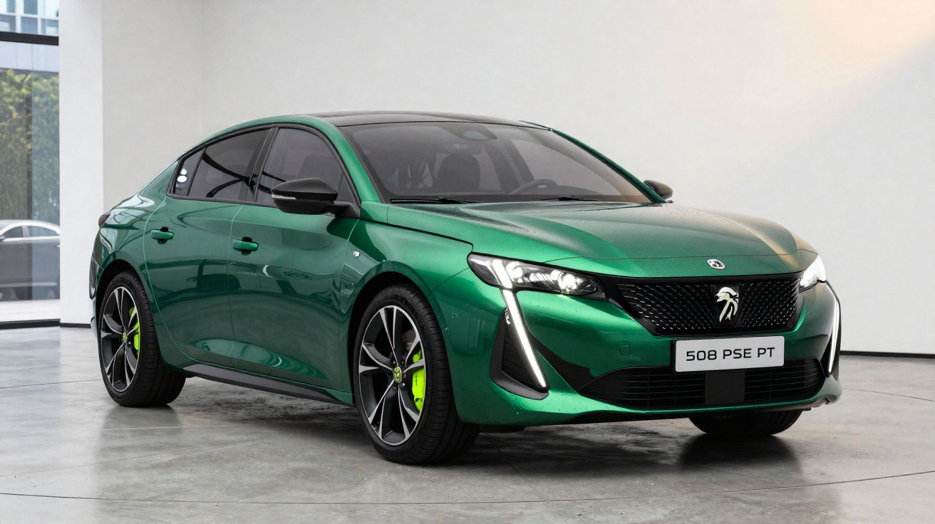 Peugeot 508 PSE PT verde metálico estacionado em piso interior cinzento com parede clara ao fundo.