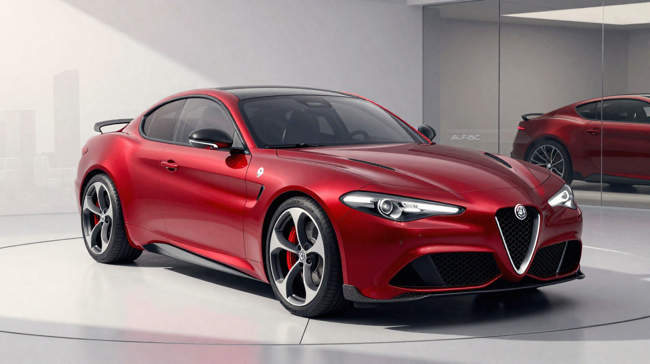 Carro desportivo Alfa Romeo Giulia Quadrifoglio vermelho numa sala com paredes espelhadas.