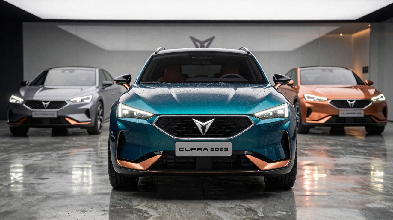Três carros CUPRA 2023 alinhados num espaço moderno, destacando o modelo azul ao centro com detalhes cobre.