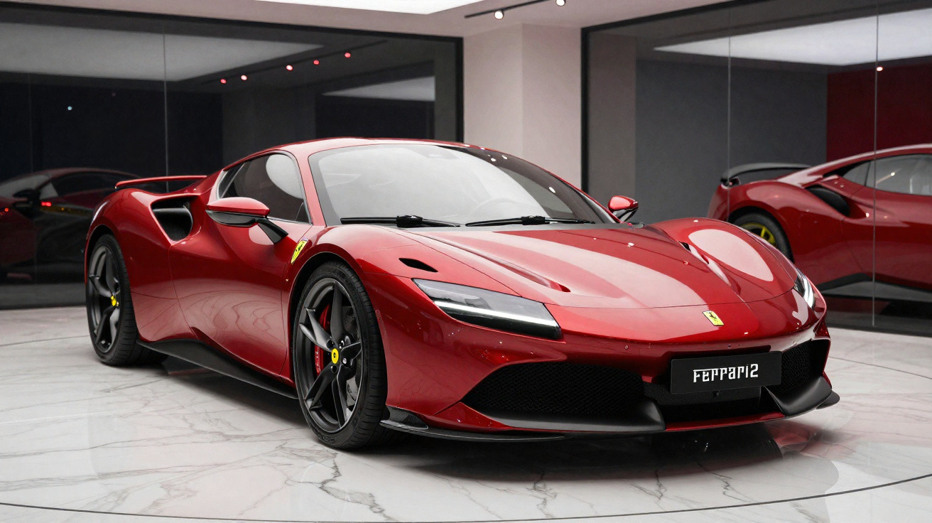 Automóvel desportivo Ferrari vermelho num showroom com chão de mármore e paredes espelhadas.