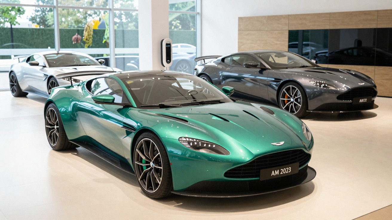 Automóveis de luxo Aston Martin expostos numa sala moderna com chão branco e grandes janelas.