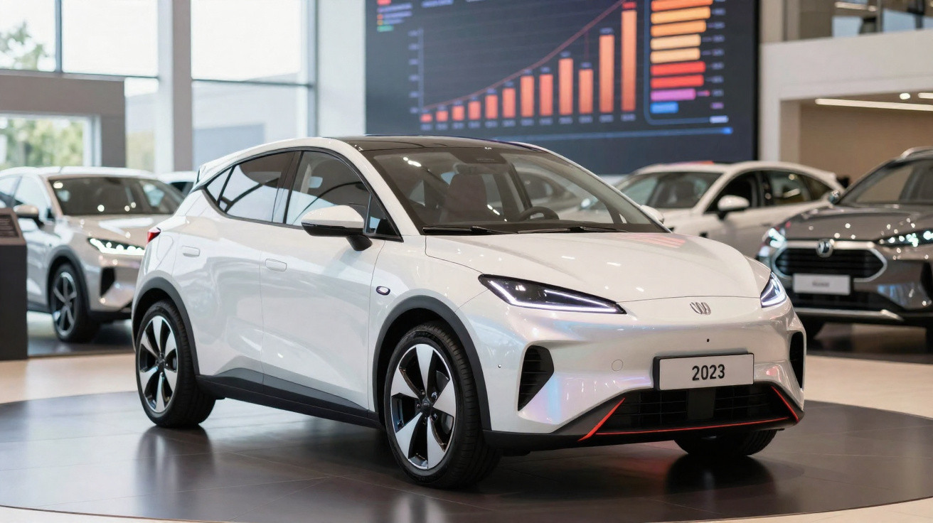 Carro elétrico branco 2023 exibido em salão automóvel moderno com gráficos digitais ao fundo.