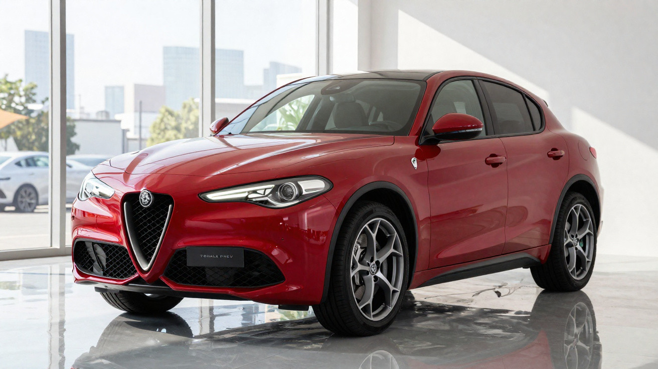 Carro Alfa Romeo Stelvio vermelho estacionado em interior com janelas grandes e luz natural.