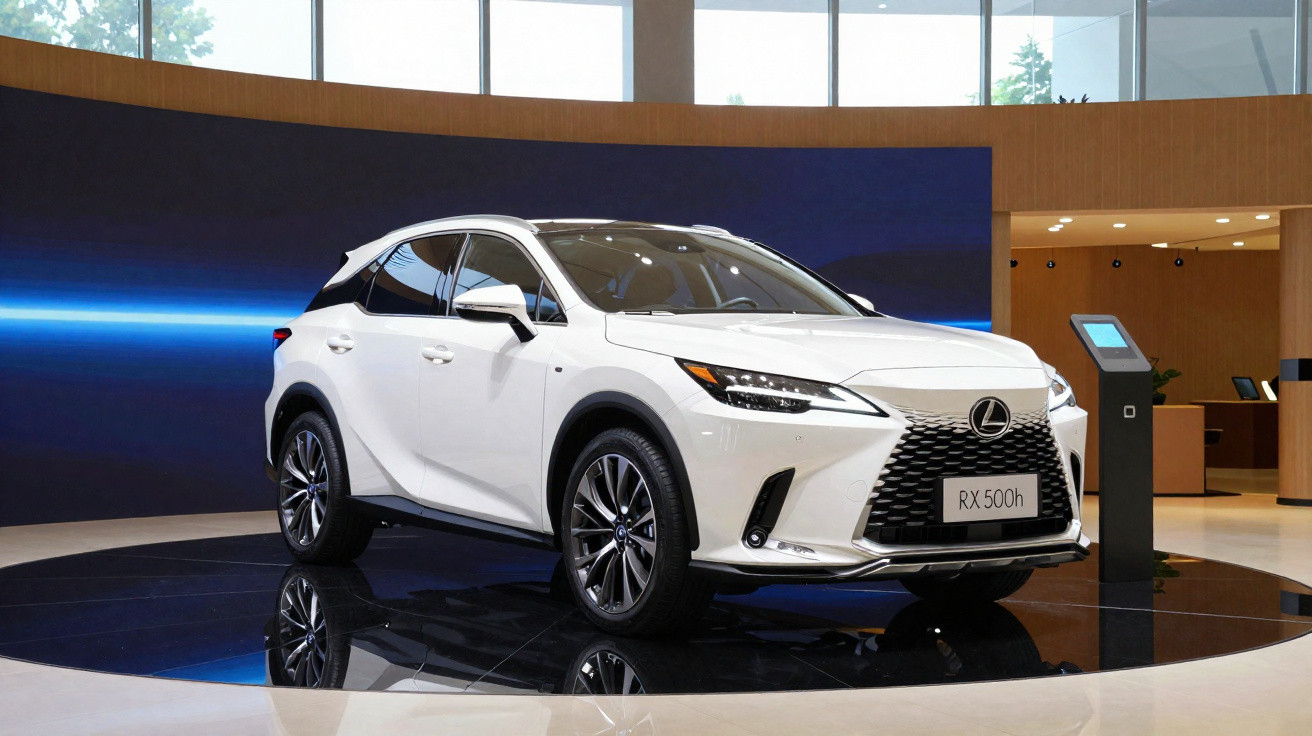 Automóvel Lexus RX 500h branco exposto em salão com iluminação moderna e chão espelhado.