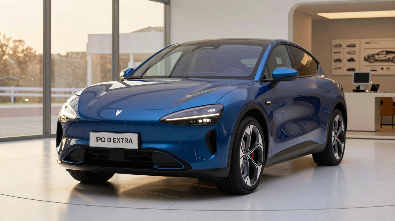 Carro elétrico azul numa sala de exposição com luz natural e detalhes modernos.