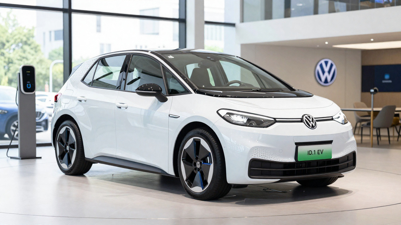 Carro elétrico Volkswagen ID.1 EV branco exposto em salão com estação de carregamento ao lado.