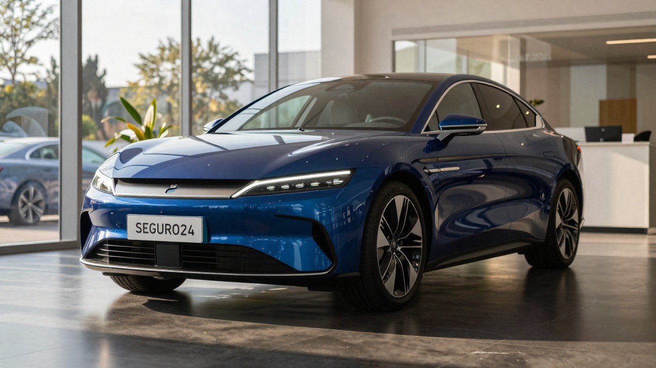 Automóvel elétrico azul estacionado num espaço interior moderno, com janelas amplas e chão em madeira.