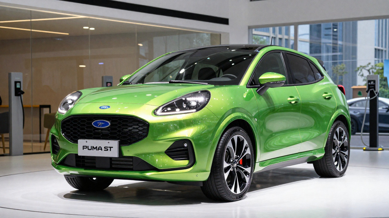 Carro compacto Ford Puma ST verde em exposição num salão moderno com carregadores elétricos ao fundo.