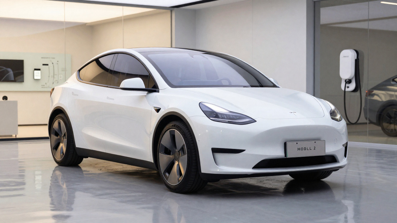 Carro elétrico branco Tesla Model 3 estacionado em interior, junto a carregador elétrico na parede.