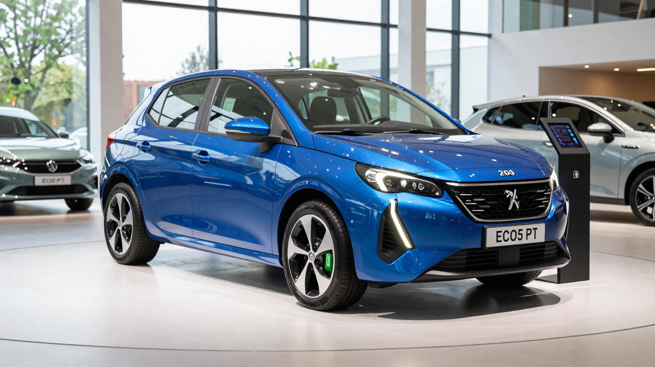 Carro novo Peugeot 208 azul apresentado num salão automóvel com iluminação natural e janelas amplas.