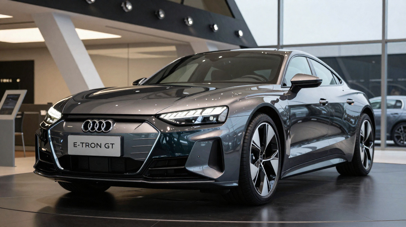 Carro elétrico Audi E-Tron GT cinzento exibido numa sala de exposição moderna.