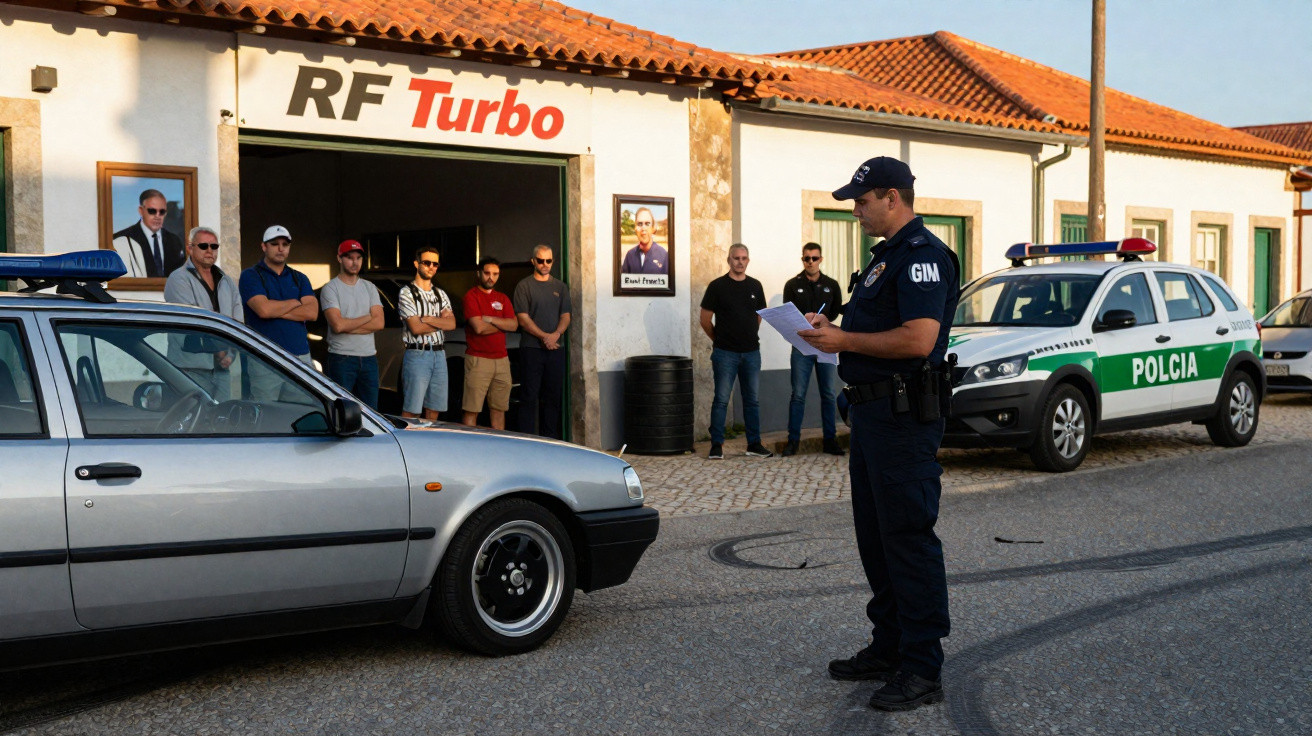 Polícia lê documentos junto a carro cinzento e viatura policial, homens observam em oficina RF Turbo.