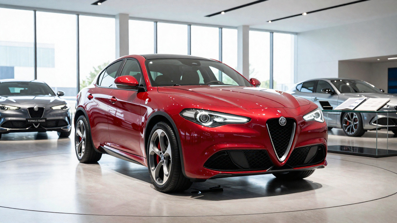 Carro Alfa Romeo SUV vermelho exposto numa sala de show moderna com outros carros ao fundo.