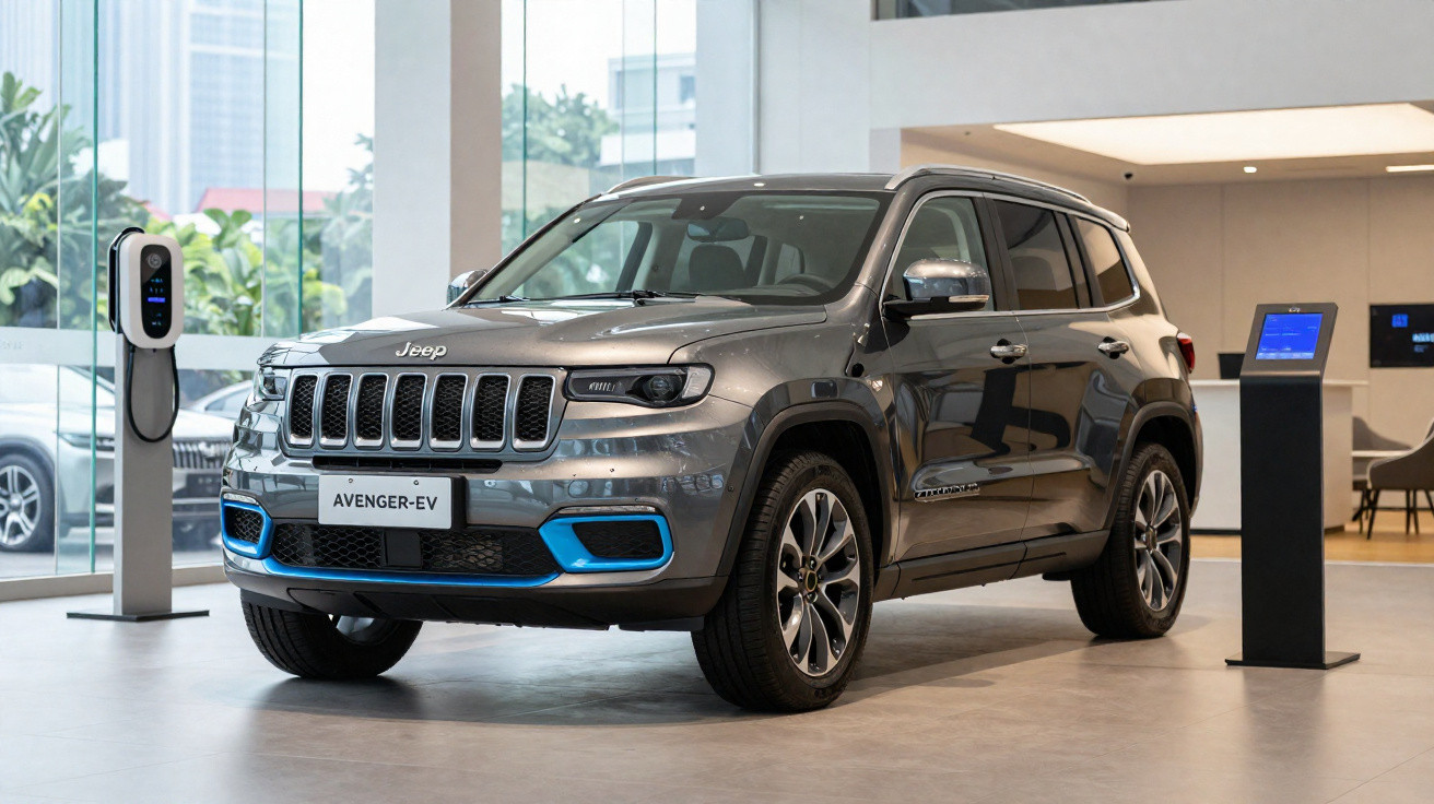 Jeep Avenger-EV cinzento estacionado em showroom moderno, ao lado de posto de carregamento elétrico.