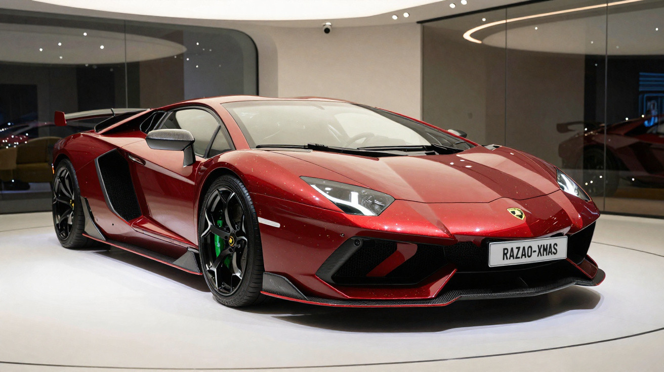 Carro desportivo Lamborghini vermelho com detalhes pretos exposto em plataforma branca numa sala moderna.