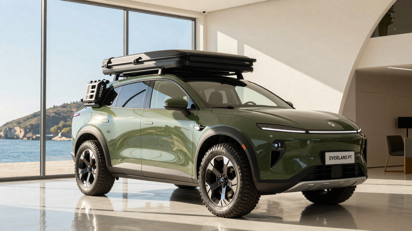 Carro SUV elétrico verde com caixa de tejadilho preto, interior moderno com vista para o mar.